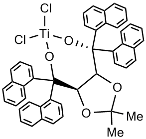 (4R,5R)-(-)-2,2-Dimethyl-α,α,α',α'-tetra(1-naphthyl)-1,3-dioxolane-4,5-dimethano­latotitanium(IV) dichloride acetonitrile adduct
