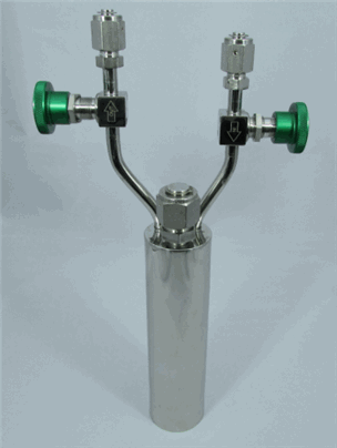Stainless steel bubbler, 300ml, vertical, electropolished with fill-port, high temp valves (315°C), DOT 4B
