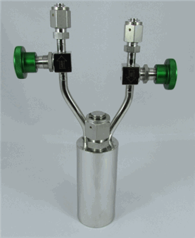 Stainless steel bubbler, 150ml, vertical, electropolished with fill-port, high temp valves (315°C), DOT 4B