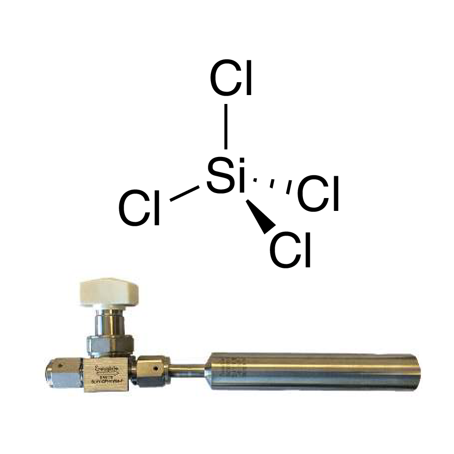 Silicon(IV) chloride, fiber optic grade (99.9999%-Si, 50ppm-Fe) PURATREM, 98-0147, contained in a 50 ml electropolished Swagelok® cylinder (96-1077) for CVD/ALD