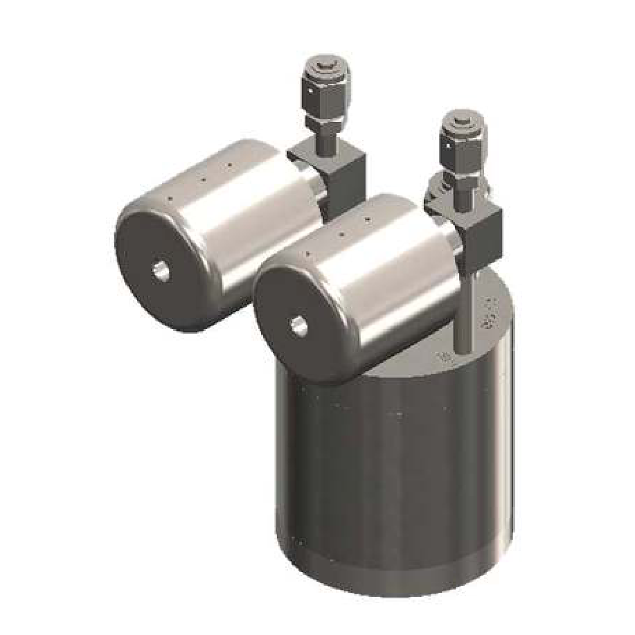Stainless steel bubbler, 600ml, vertical, electropolished with fill-port, pneumatic actuator valves, DOT 4B