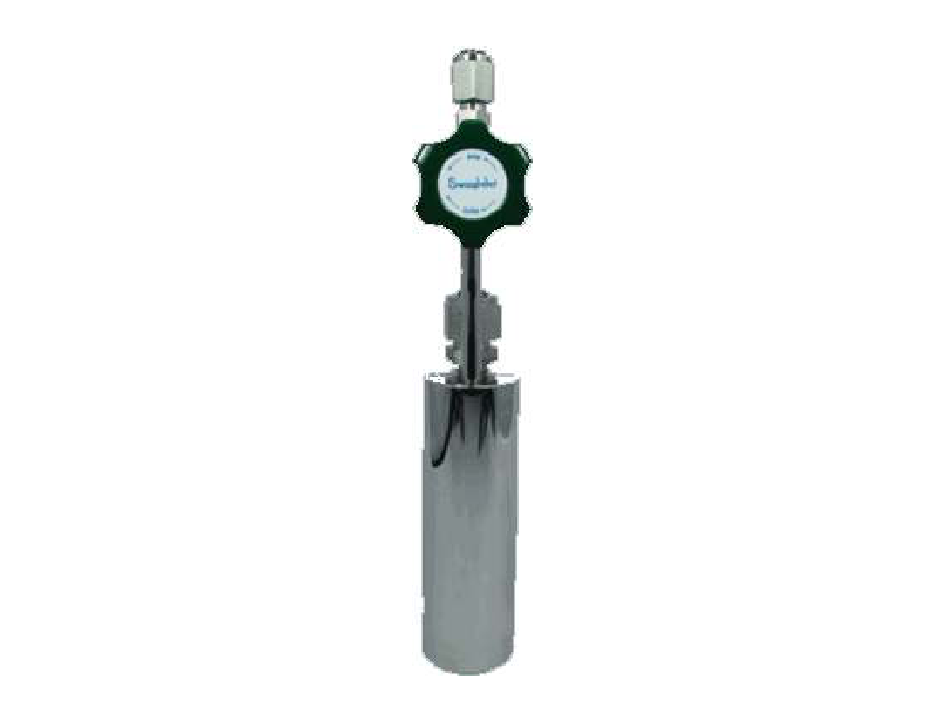 Stainless steel cylinder, 200ml, single vertical stem, electropolished with fill-port, PCTFE valve stem tip, DOT 4B