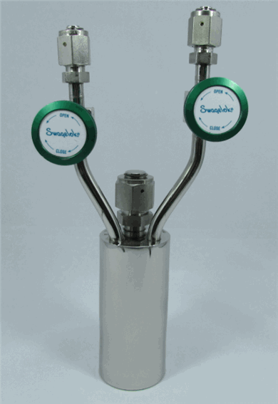 Stainless steel bubbler, 150ml, vertical, electropolished with fill-port, high temp valves (315°C) with rotated handles, DOT 4B