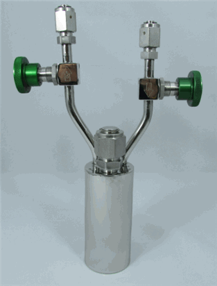 Stainless steel bubbler, 150ml, vertical, electropolished with fill-port, high temp valves (315°C), with short dip tube, cut to 1 inch from top of bubbler, DOT 4B