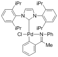 Chloro{2-[(1-(N-phenyl)iminoethyl]phenyl}{[1,3-bis(2,6-di-i-propylphenyl]imidzole-2-ylidene}palladium(II)