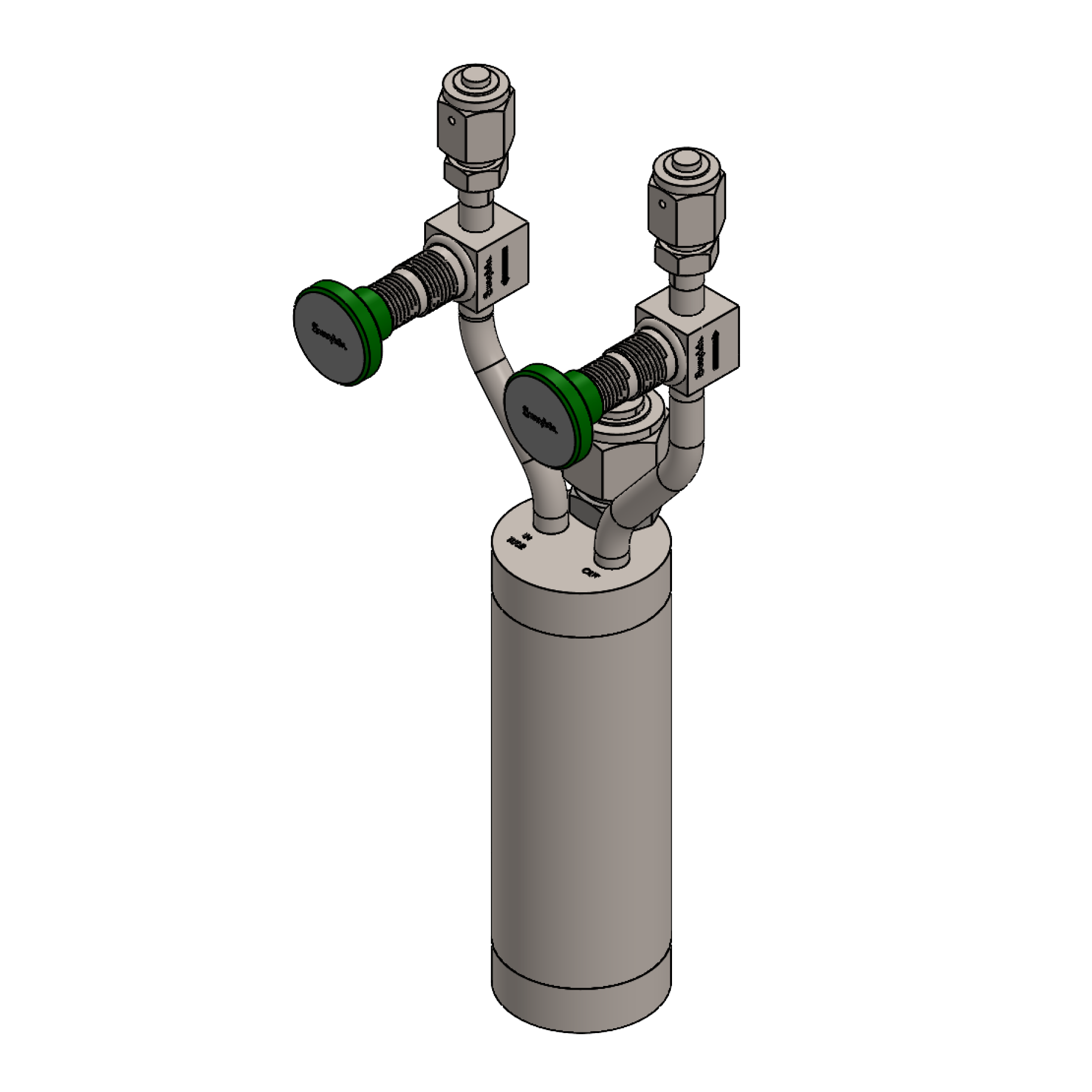 Stainless steel bubbler, 150ml, vertical, electropolished with fill-port, high temp valves (315°C), with short dip tube, cut to 1 inch from top of bubbler