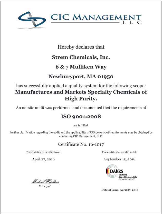 Strem Chemical's ISO 9001 Certificate